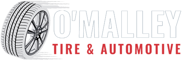 Logo for O'MALLEY Tires & Auto Service with a tire graphic on the left and 'O'MALLEY' in large blue letters, plus a red tagline beneath.