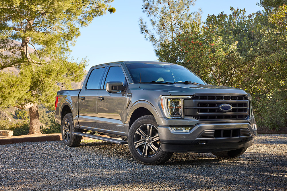 Front-left three-quarter view of a gray Ford F-150 pickup parked on a gravel lot with trees in the background