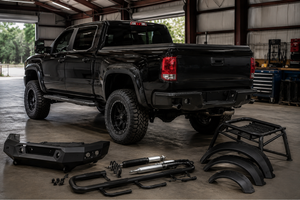 Black lifted pickup in a workshop with aftermarket off-road parts laid out on the floor.