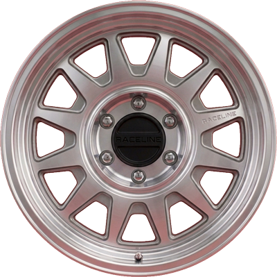 Close-up of a silver Raceline alloy wheel rim with multiple spokes and a center cap reading Raceline on a polished metal surface.