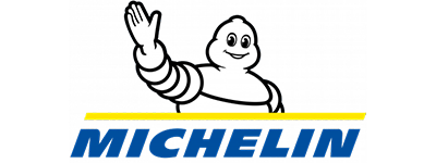 Michelin Man mascot waving above the blue MICHELIN wordmark on a black background with a yellow stripe.