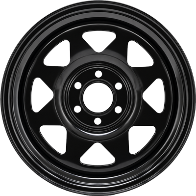 Black steel car wheel rim with six triangular cutouts and a central hub, shown against a white background
