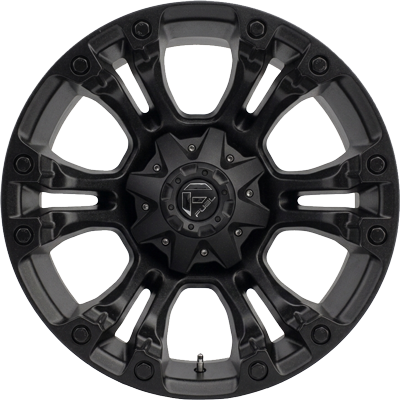 Black alloy wheel rim with a star-shaped spoke design and a central hub cap bearing a logo.