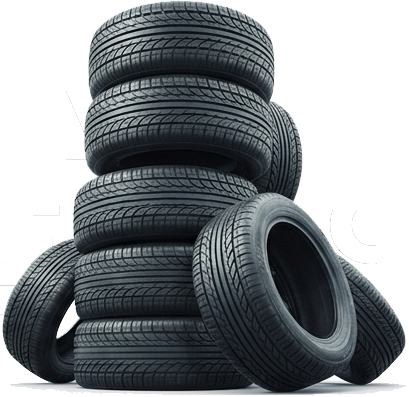 Stack of black car tires piled on top of each other with visible tread patterns against a white background
