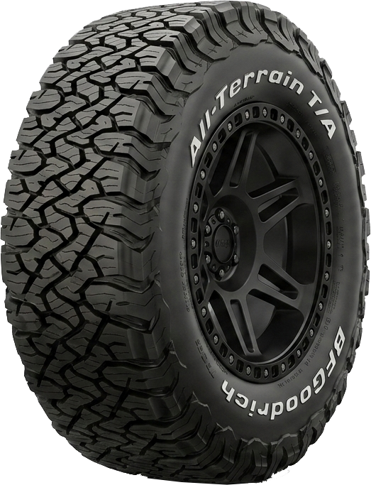 Close-up of a BFGoodrich All-Terrain T/A off-road tire mounted on a black alloy wheel with rugged tread pattern and beadlock-style rim.