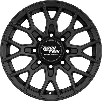 Black multi-spoke alloy car wheel with a Rock Trick Racing Wheels center cap