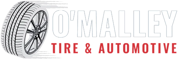Logo for O'MALLEY Tires & Auto Service with a tire graphic on the left and 'O'MALLEY' in large blue letters, plus a red tagline beneath.