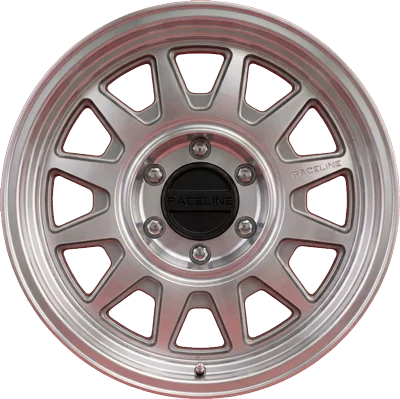 Close-up of a silver Raceline alloy wheel rim with multiple spokes and a center cap reading Raceline on a polished metal surface.