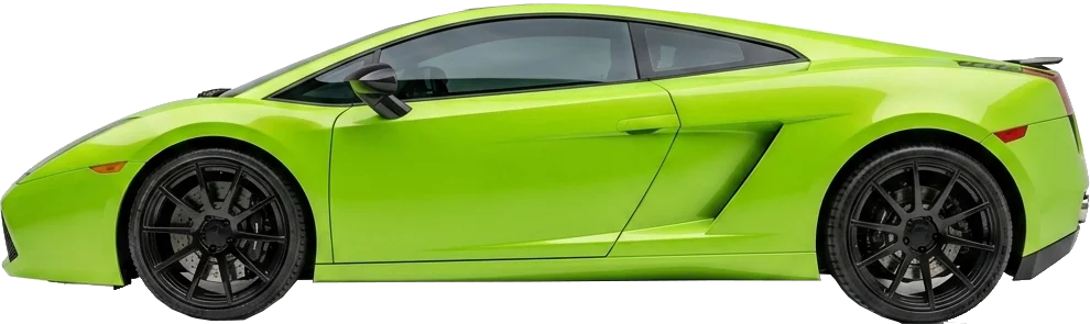 Side view of a lime-green sports car with black rims on a white background.