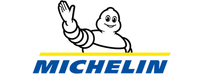 Michelin Man mascot waving above the blue MICHELIN wordmark on a black background with a yellow stripe.