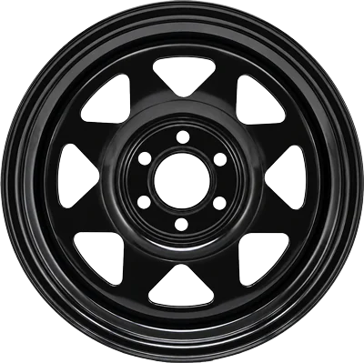 Black steel car wheel rim with six triangular cutouts and a central hub, shown against a white background