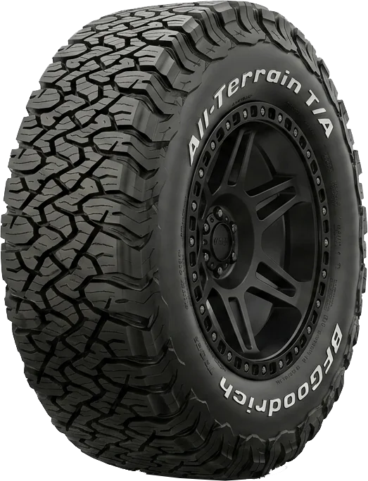 Close-up of a BFGoodrich All-Terrain T/A off-road tire mounted on a black alloy wheel with rugged tread pattern and beadlock-style rim.