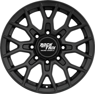 Black multi-spoke alloy car wheel with a Rock Trick Racing Wheels center cap